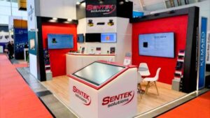 Sentek Solutions stand at LogiMAT 2026. Shows booth with displays of LiDAR products and interactive display with Safety Scanner solutions.